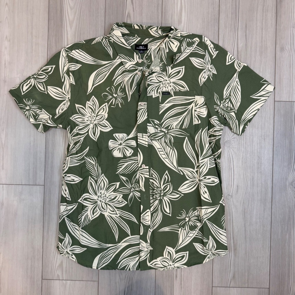 O'Neill Mens XL Olive Green White Floral Tropical Short Sleeve Button Up Shirt